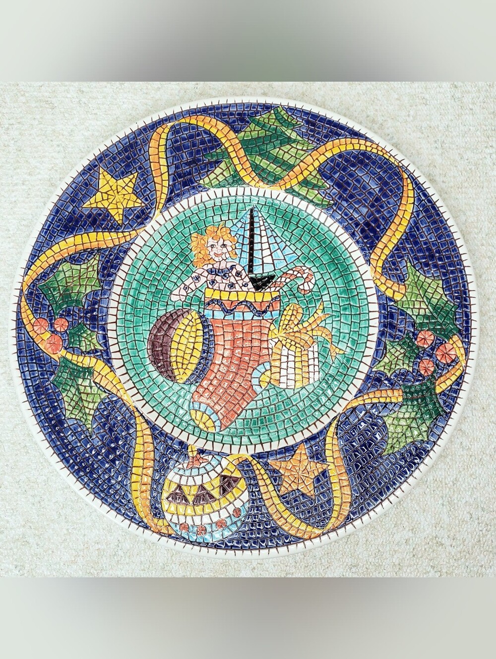 Vintage VIETRI Ceramic Mosaic Plate Wall Plaque Christmas Tree Stocking ITALY